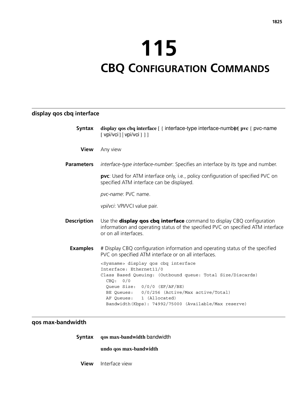 3Com MSR 50, MSR 30 manual 115, CBQ Configuration Commands, Display qos cbq interface, Qos max-bandwidth 