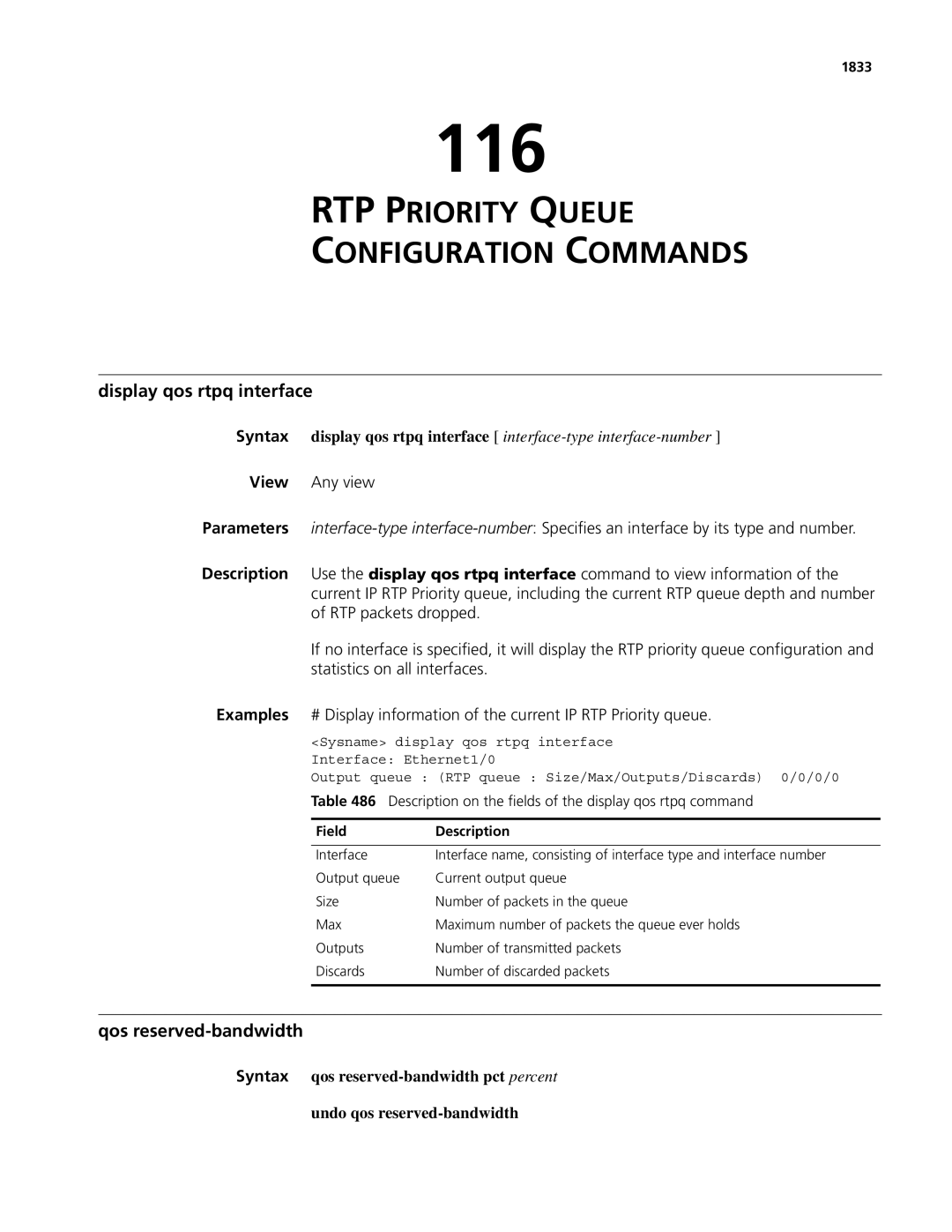 3Com MSR 50, MSR 30 116, RTP Priority Queue Configuration Commands, Display qos rtpq interface, Qos reserved-bandwidth 