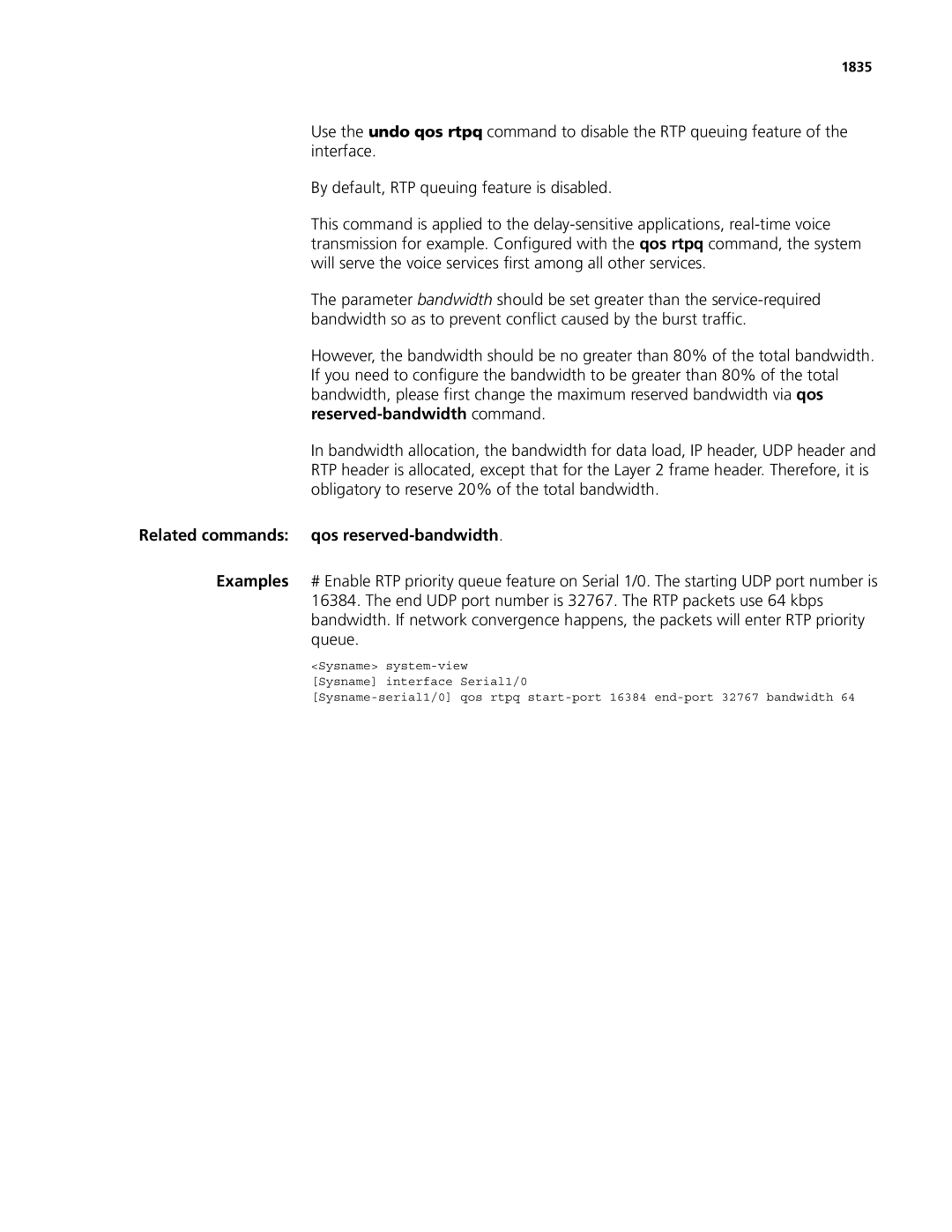 3Com MSR 50, MSR 30 manual Related commands qos reserved-bandwidth, 1835 