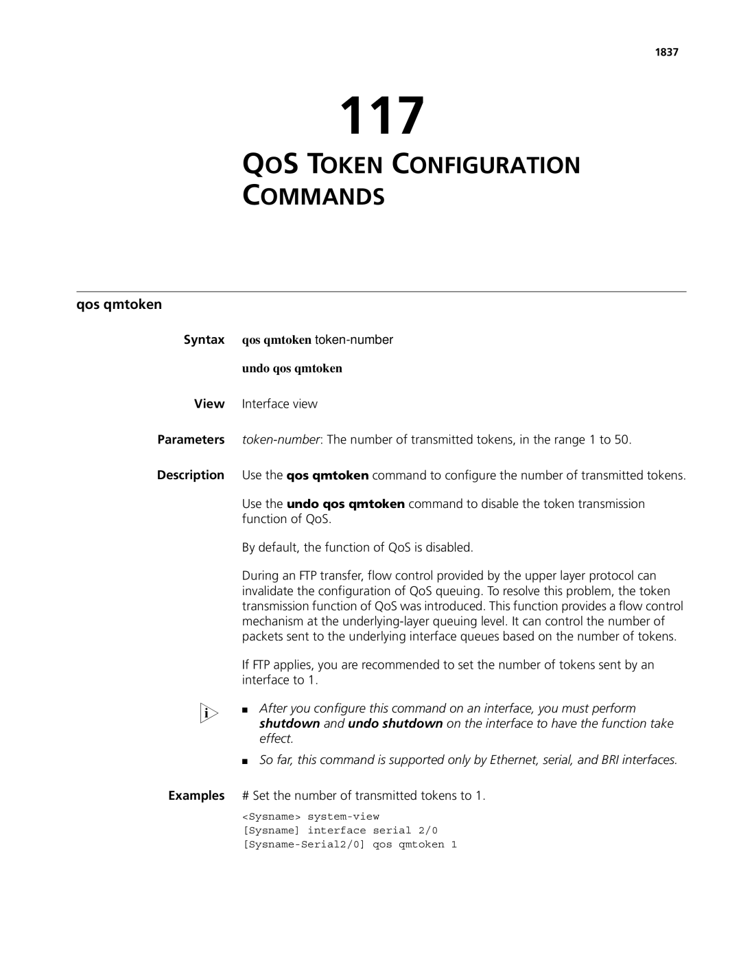 3Com MSR 50, MSR 30 manual 117, QOS Token Configuration Commands, Qos qmtoken token-number, Undo qos qmtoken 