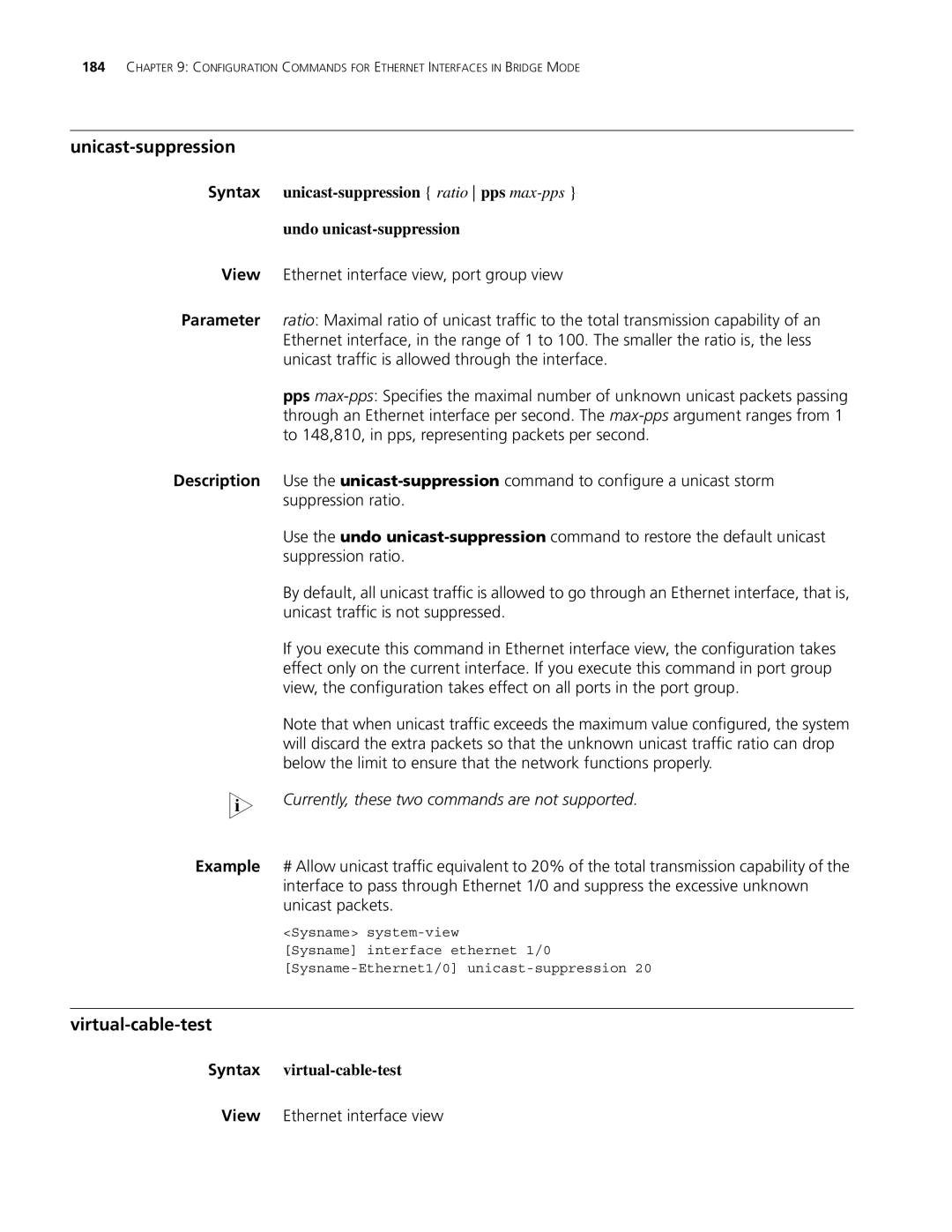 3Com MSR 30, MSR 50 manual Unicast-suppression, Virtual-cable-test, Currently, these two commands are not supported 