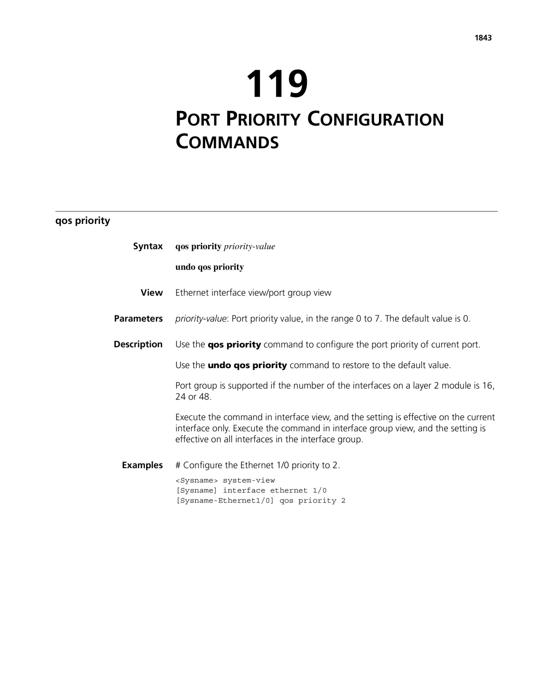 3Com MSR 50, MSR 30 manual 119, Port Priority Configuration Commands, Qos priority, Undo qos priority, 1843 