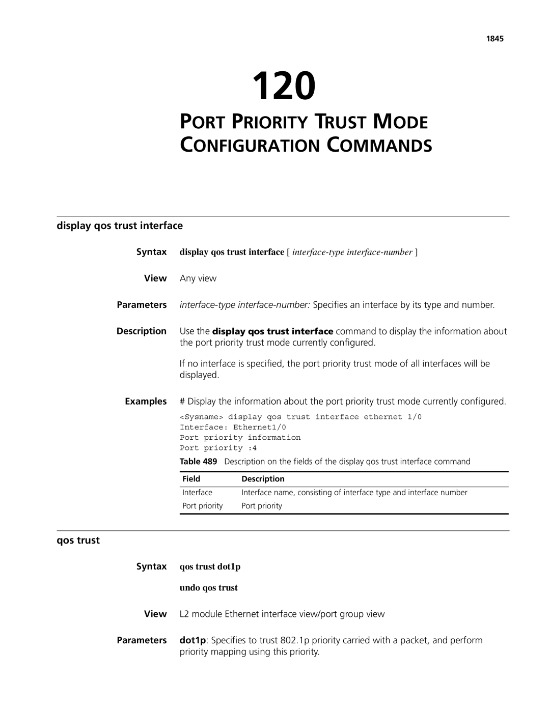 3Com MSR 50, MSR 30 manual 120, Port Priority Trust Mode Configuration Commands, Display qos trust interface, Qos trust 