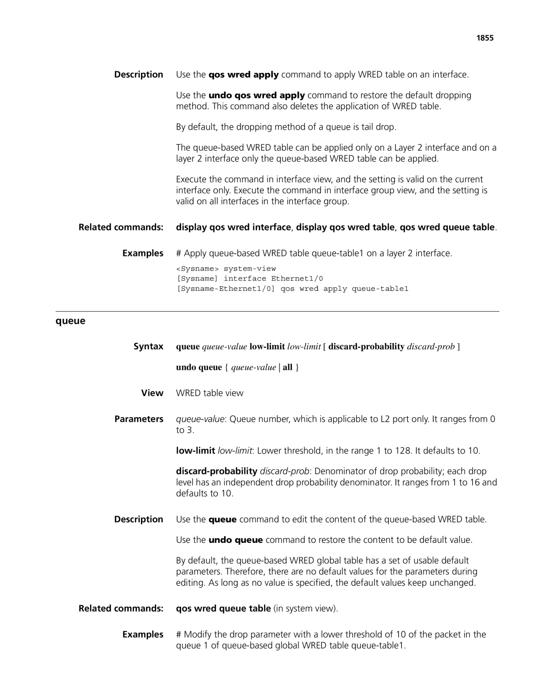 3Com MSR 50, MSR 30 manual Queue, Related commands qos wred queue table in system view, 1855 