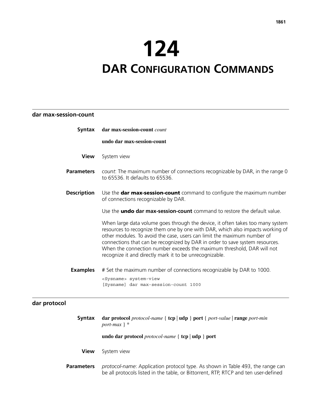 3Com MSR 50, MSR 30 manual 124, DAR Configuration Commands, Dar max-session-count, Dar protocol 