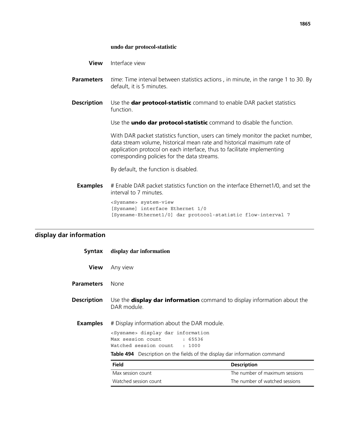 3Com MSR 50, MSR 30 manual Display dar information, Undo dar protocol-statistic, Syntax display dar information, 1865 