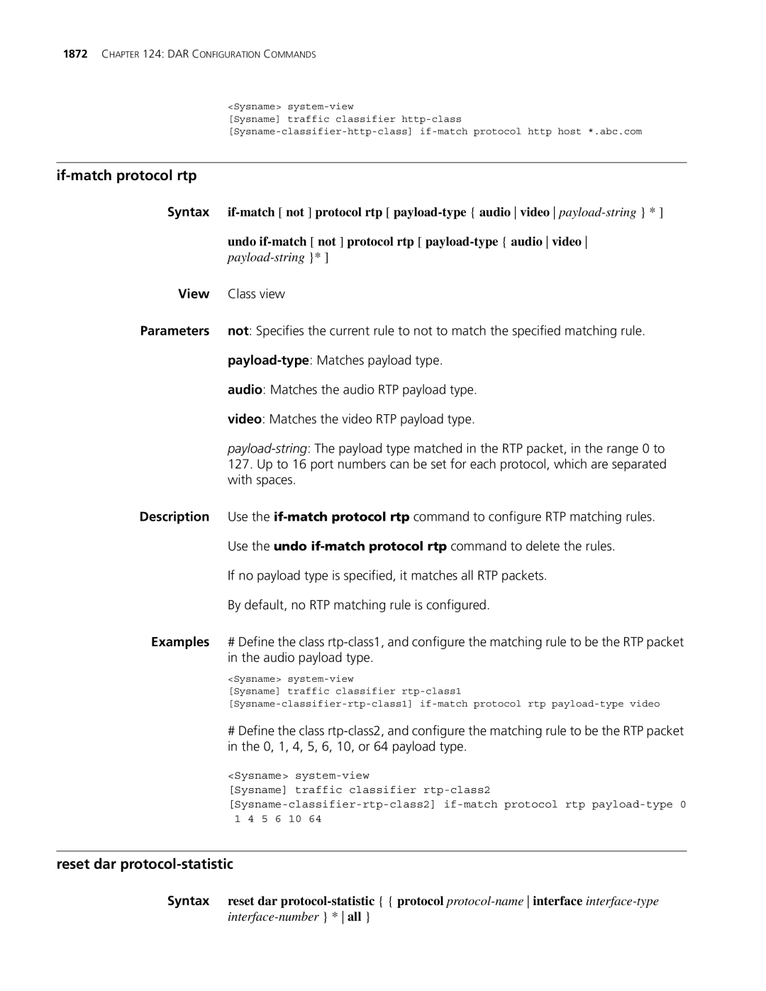 3Com MSR 30 If-match protocol rtp, Reset dar protocol-statistic, Undo if-match not protocol rtp payload-type audio video 