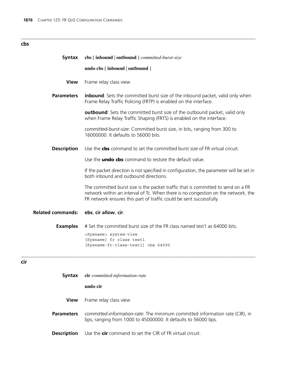 3Com MSR 30, MSR 50 manual Cbs, Cir, Related commands ebs, cir allow, cir, Undo cir 