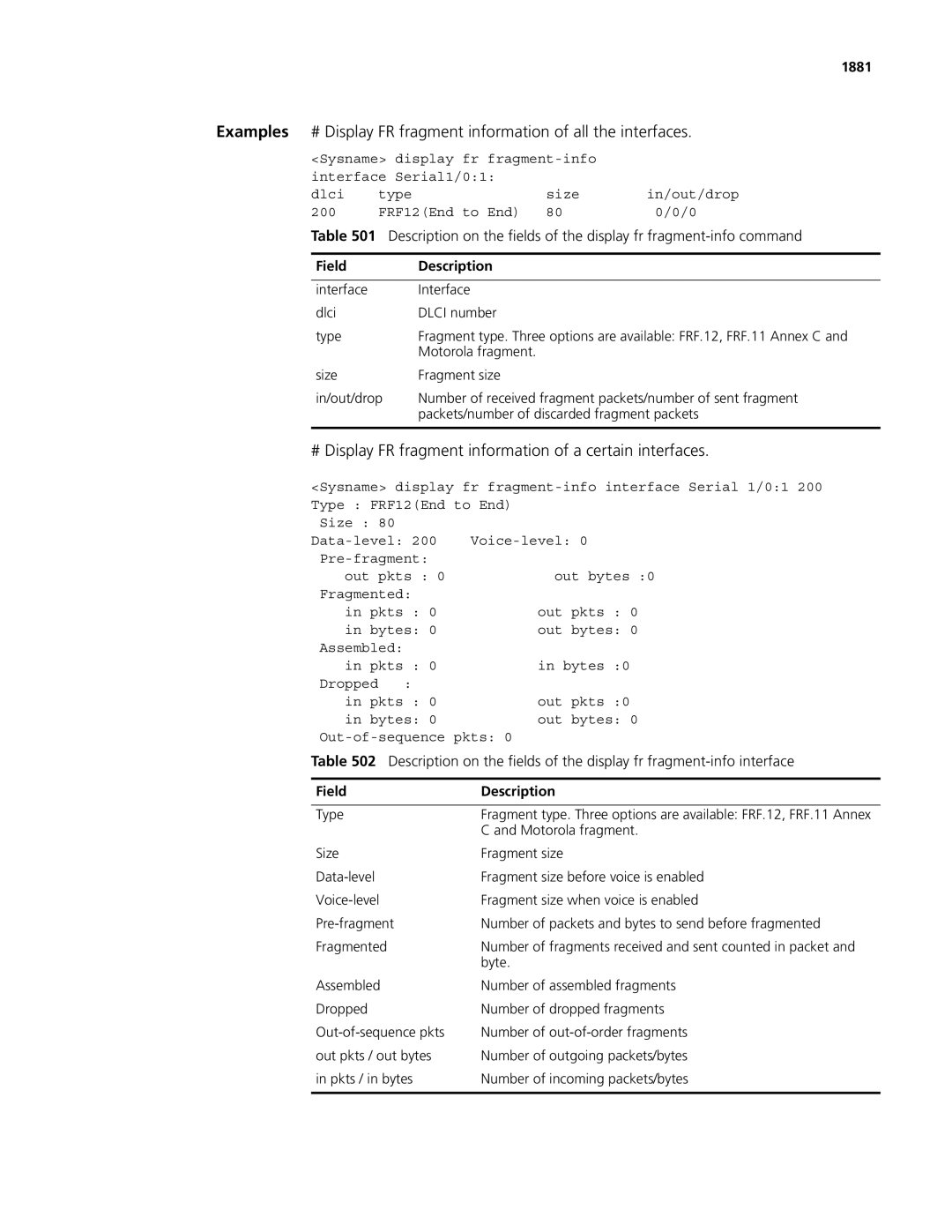 3Com MSR 50, MSR 30 manual # Display FR fragment information of a certain interfaces, 1881 