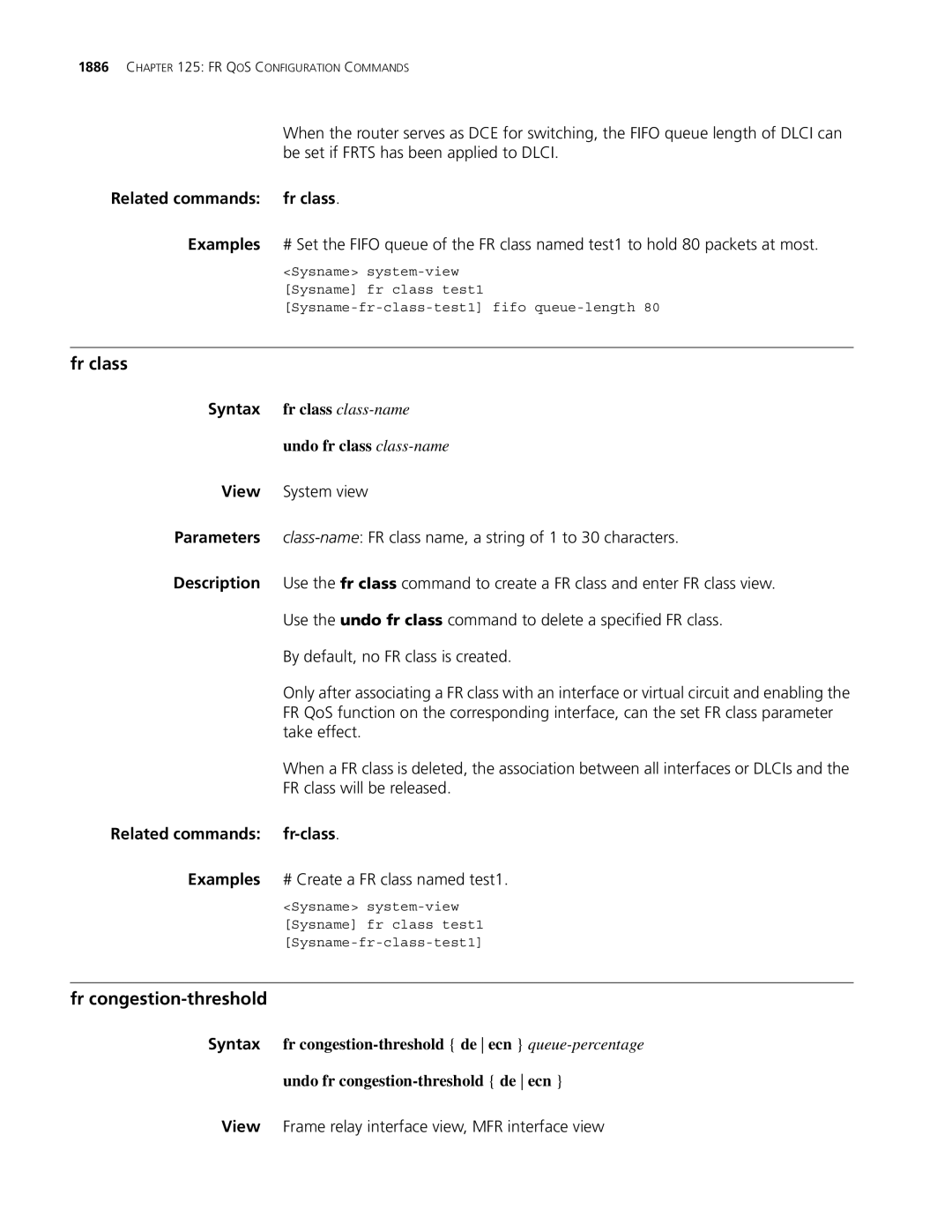 3Com MSR 30, MSR 50 manual Fr class, Fr congestion-threshold, Related commands fr class, Undo fr class class-name 