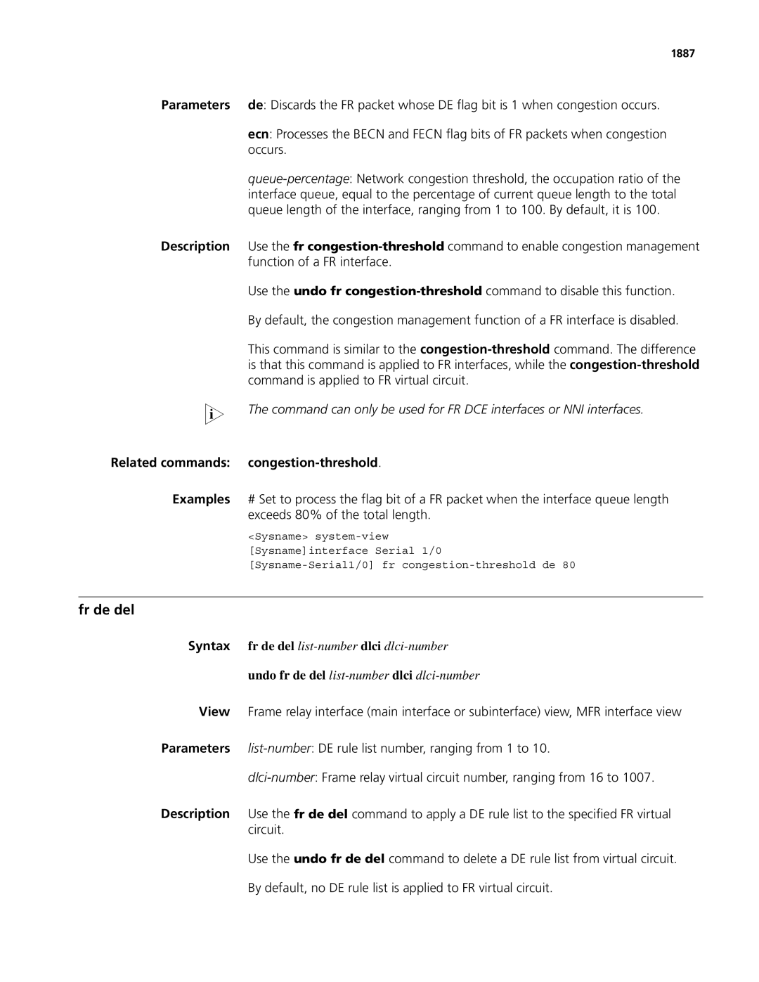 3Com MSR 50, MSR 30 manual Fr de del, Related commands congestion-threshold, 1887 