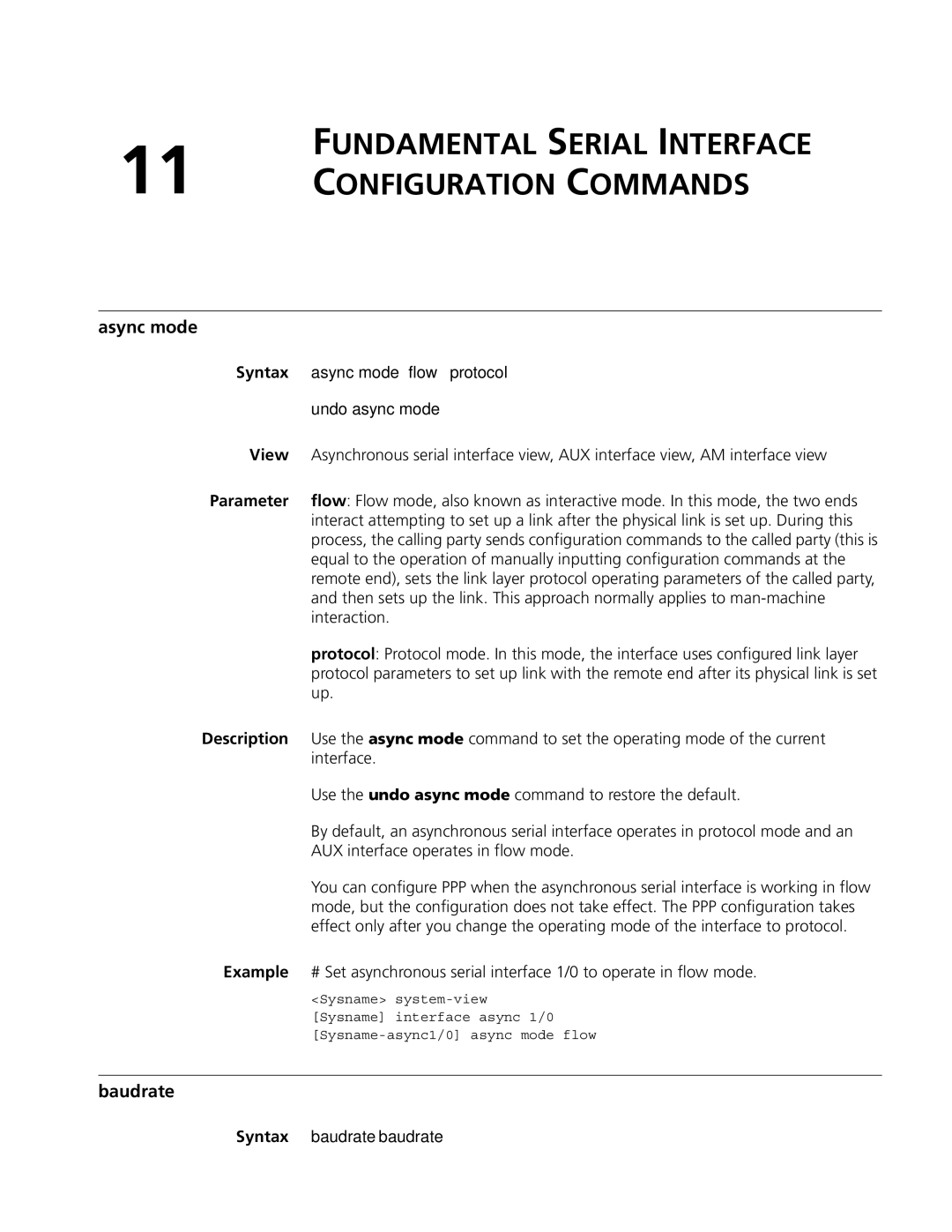 3Com MSR 50, MSR 30 Fundamental Serial Interface Configuration Commands, Async mode, Baudrate, Syntax baudrate baudrate 