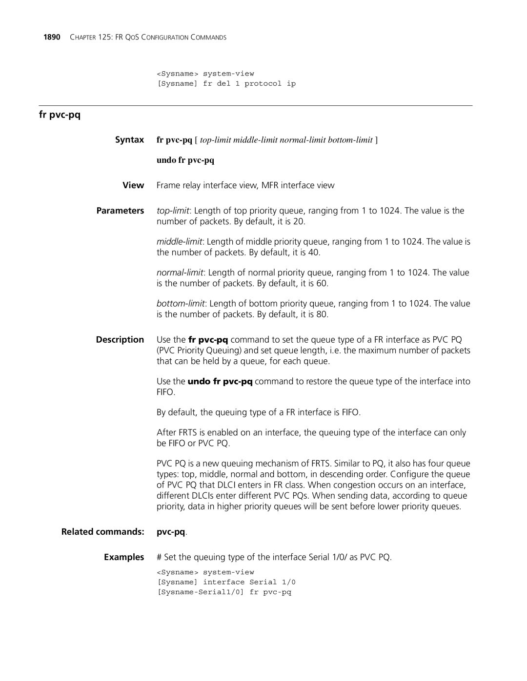 3Com MSR 30, MSR 50 manual Fr pvc-pq, Undo fr pvc-pq, Related commands pvc-pq 