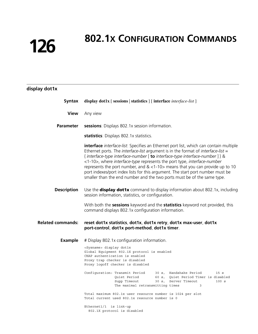 3Com MSR 50, MSR 30 126, 802.1X Configuration Commands, Display dot1x, Example # Display 802.1x configuration information 