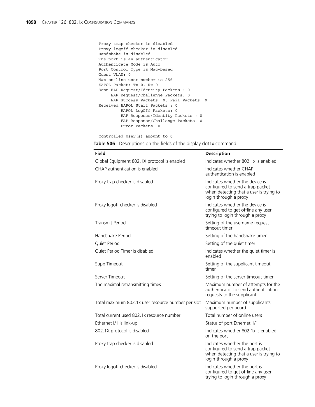 3Com MSR 30, MSR 50 manual Descriptions on the fields of the display dot1x command, Field Description 