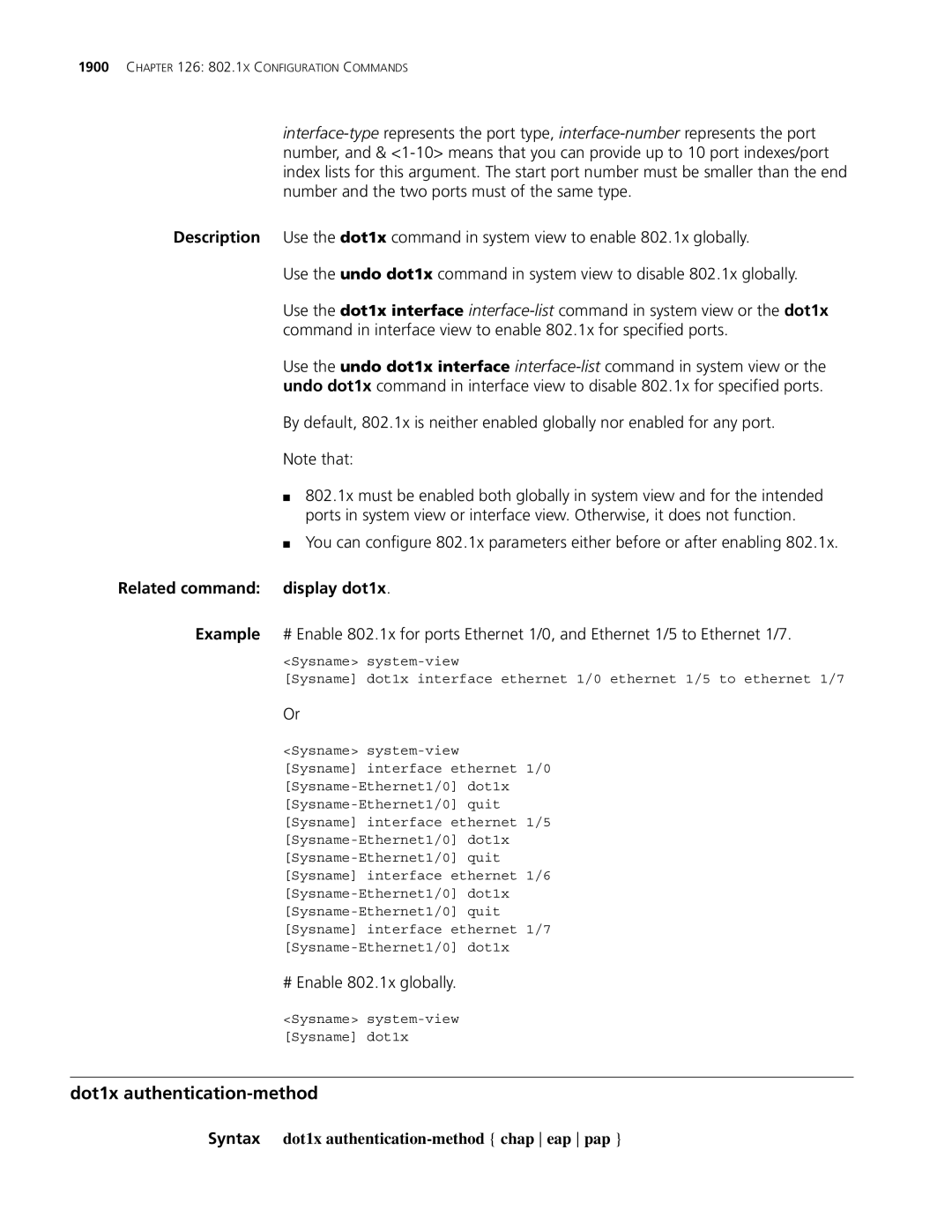 3Com MSR 30, MSR 50 manual Dot1x authentication-method, Related command display dot1x, # Enable 802.1x globally 