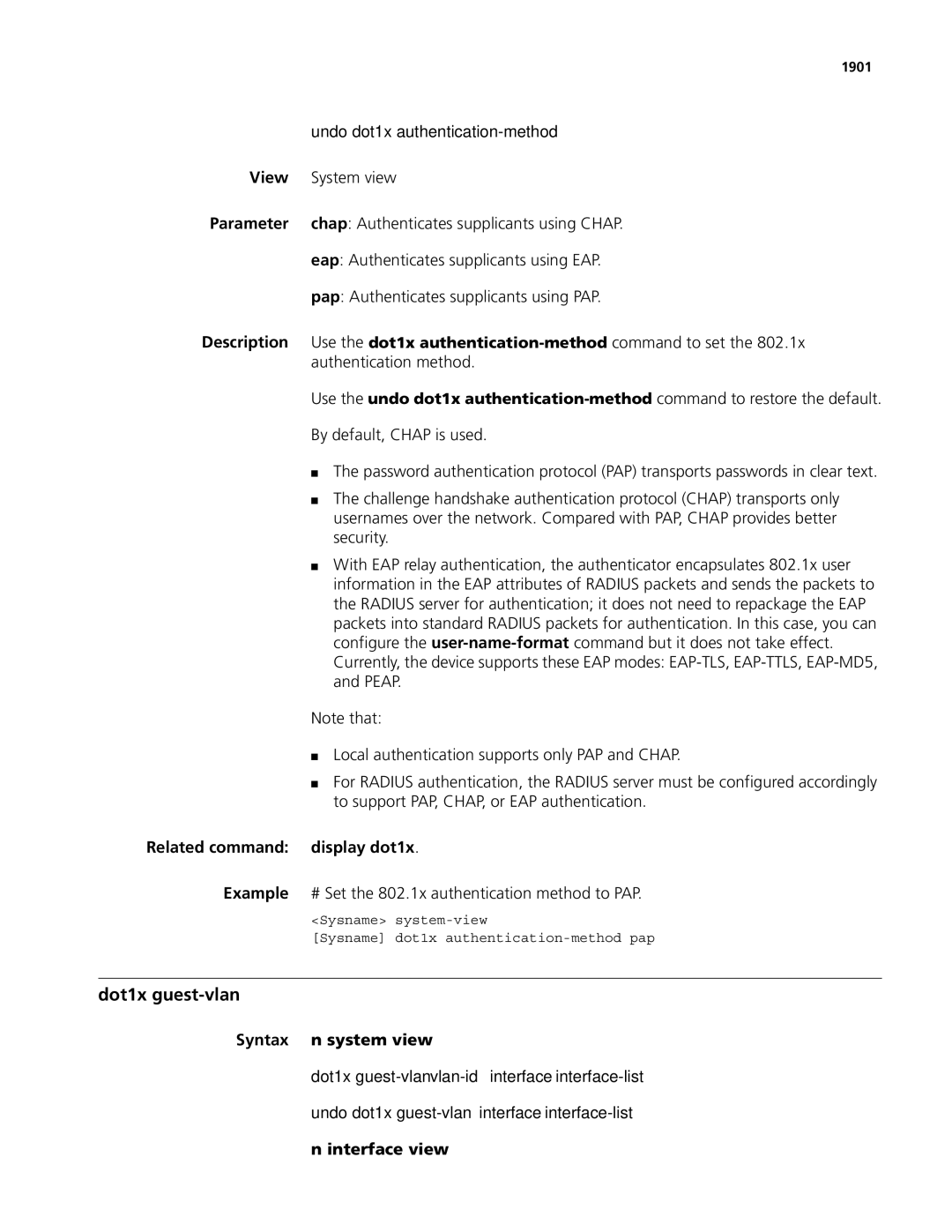 3Com MSR 50, MSR 30 manual Dot1x guest-vlan, Undo dot1x authentication-method 