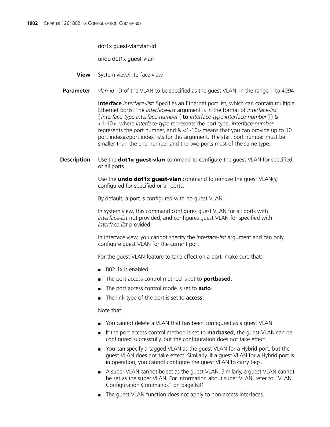 3Com MSR 30, MSR 50 manual Dot1x guest-vlan vlan-id Undo dot1x guest-vlan 