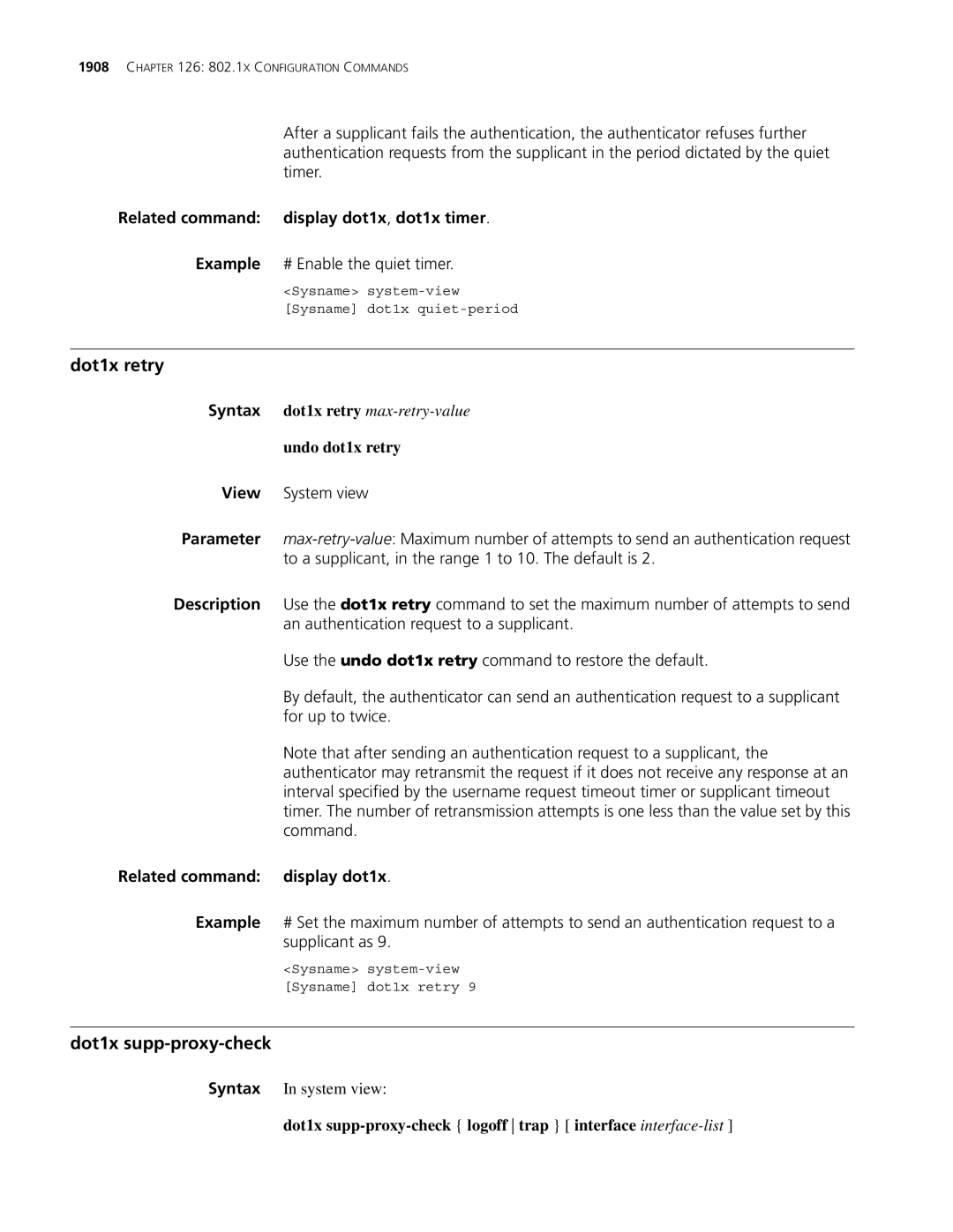 3Com MSR 30, MSR 50 manual Dot1x retry, Dot1x supp-proxy-check, Related command display dot1x, dot1x timer, Undo dot1x retry 