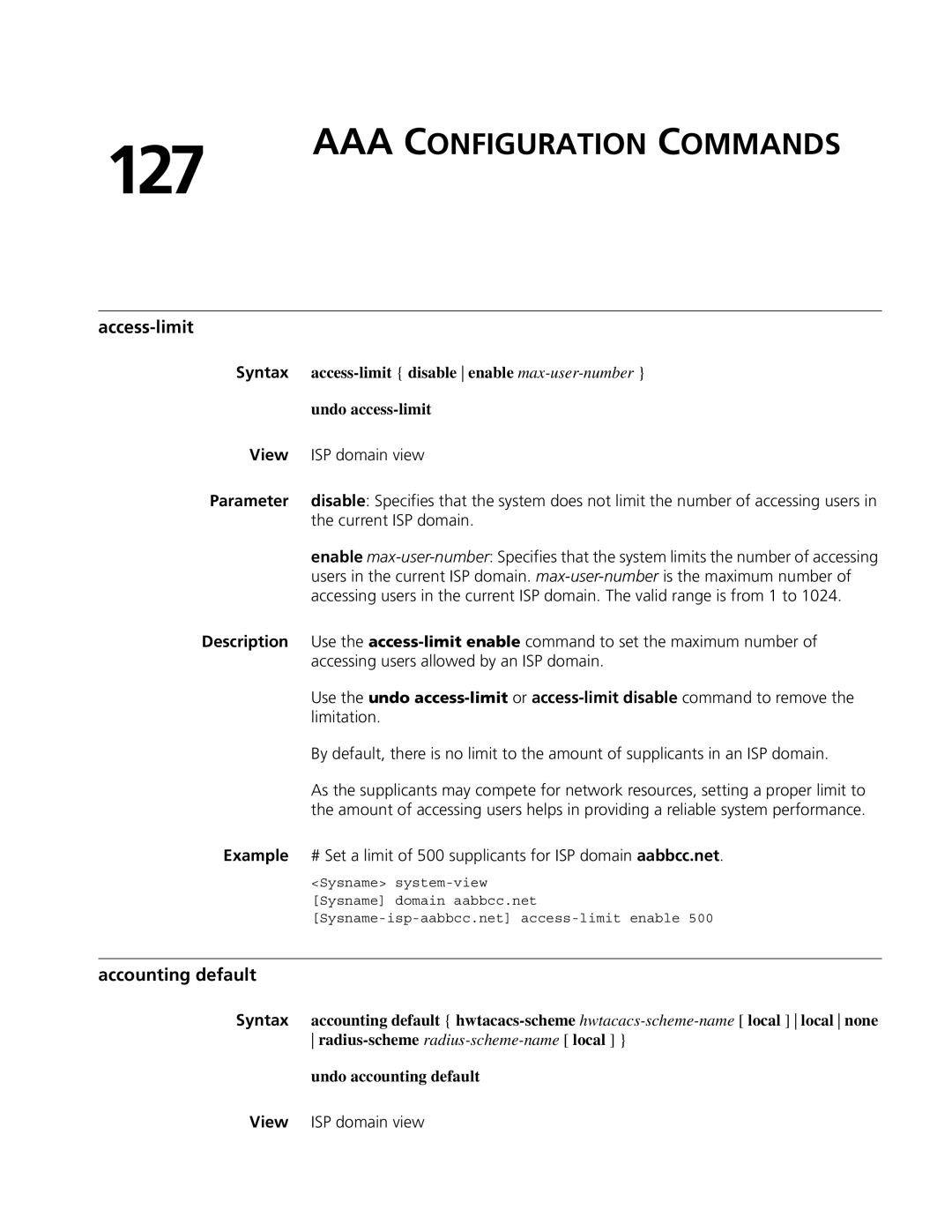 3Com MSR 50, MSR 30 manual 127, AAA Configuration Commands, Access-limit, Accounting default 