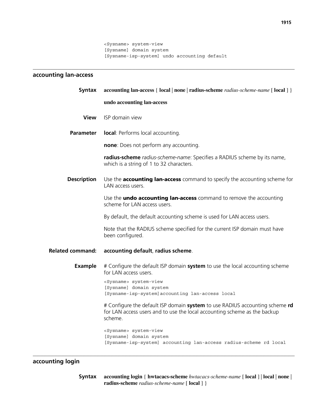 3Com MSR 50, MSR 30 manual Accounting lan-access, Accounting login, Related command accounting default, radius scheme, 1915 