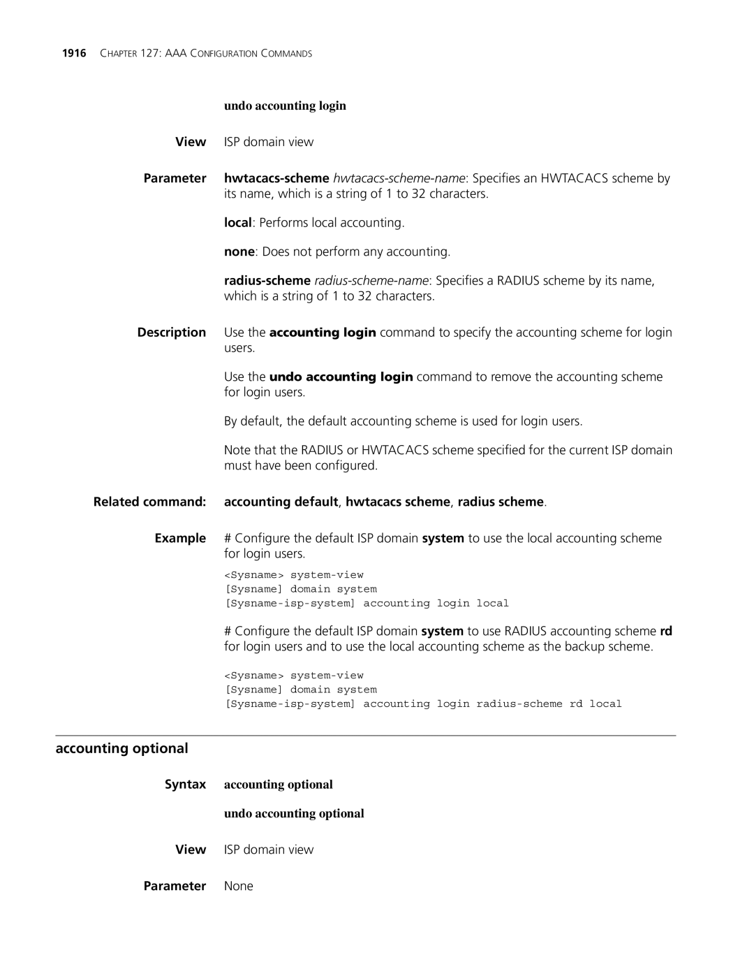 3Com MSR 30, MSR 50 manual Accounting optional, Undo accounting login, Syntax accounting optional Undo accounting optional 