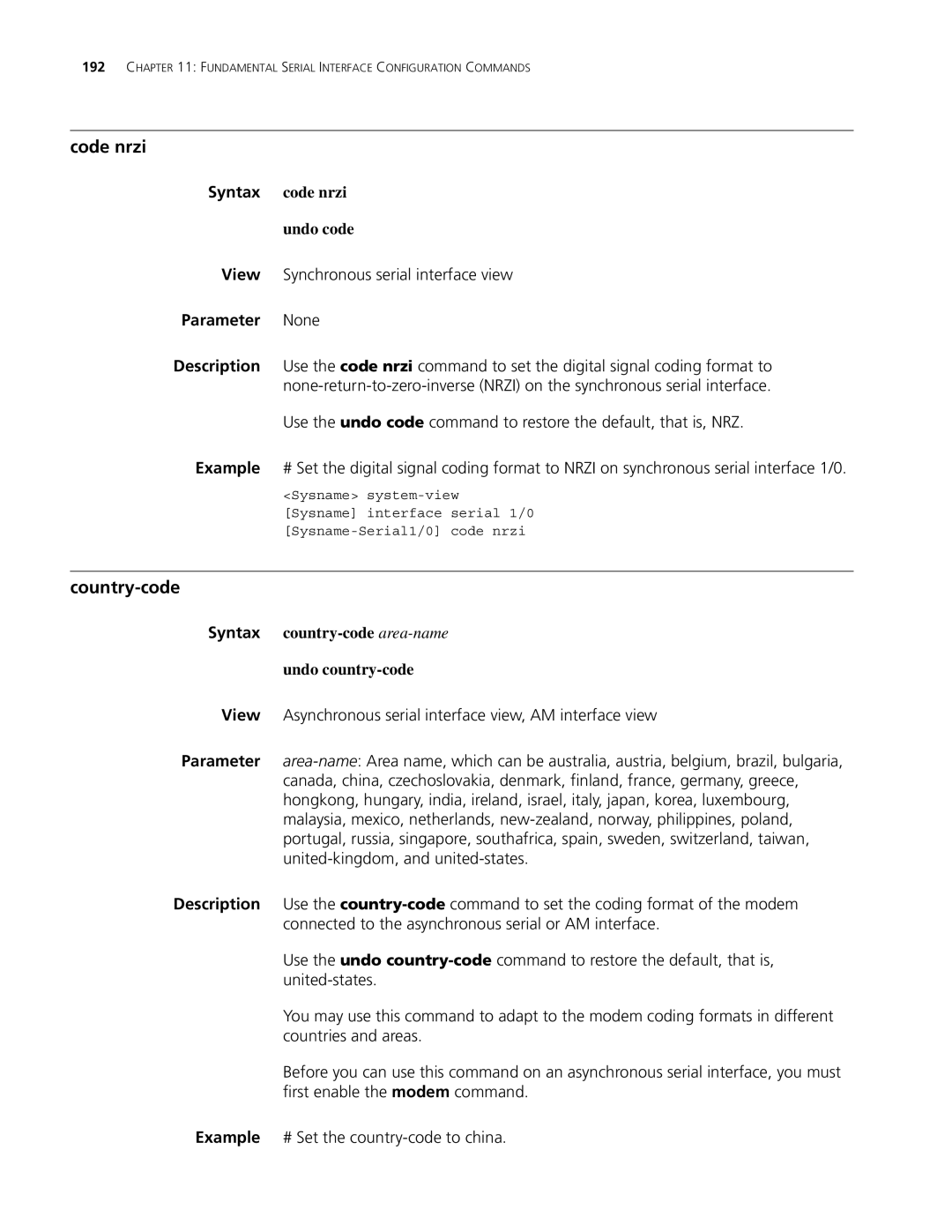 3Com MSR 30, MSR 50 manual Code nrzi, Country-code, Syntax code nrzi Undo code, View Synchronous serial interface view 