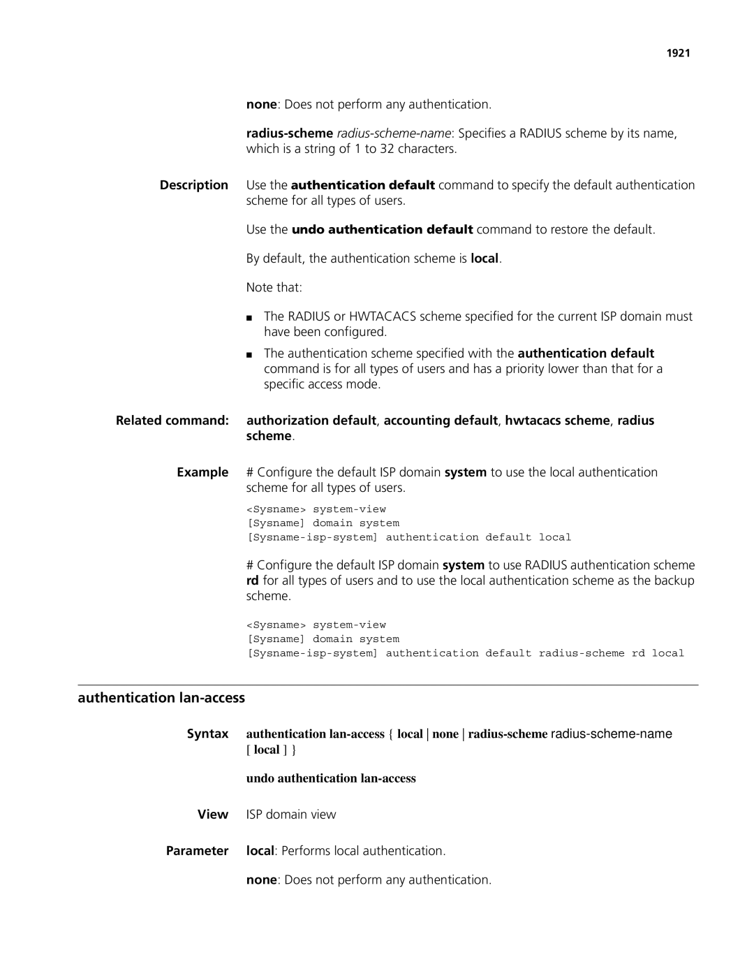 3Com MSR 50, MSR 30 manual Authentication lan-access, Undo authentication lan-access, View ISP domain view 