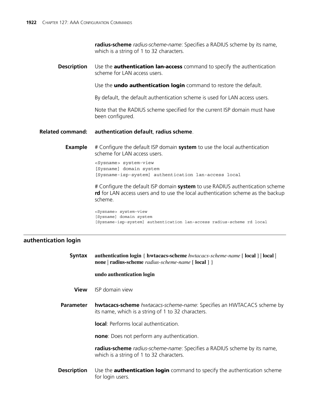 3Com MSR 30, MSR 50 manual Authentication login, Related command authentication default, radius scheme 