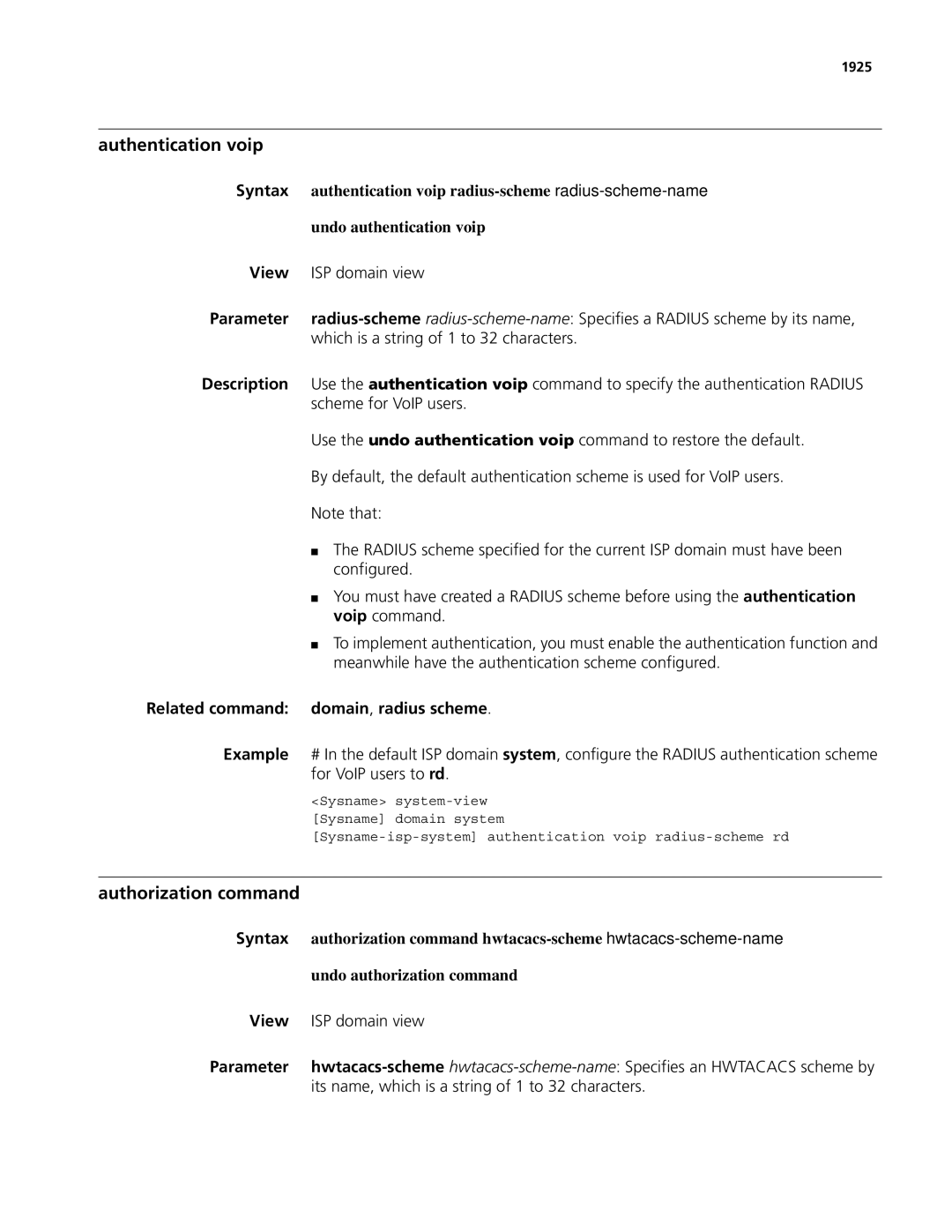 3Com MSR 50, MSR 30 manual Authentication voip, Authorization command, 1925 