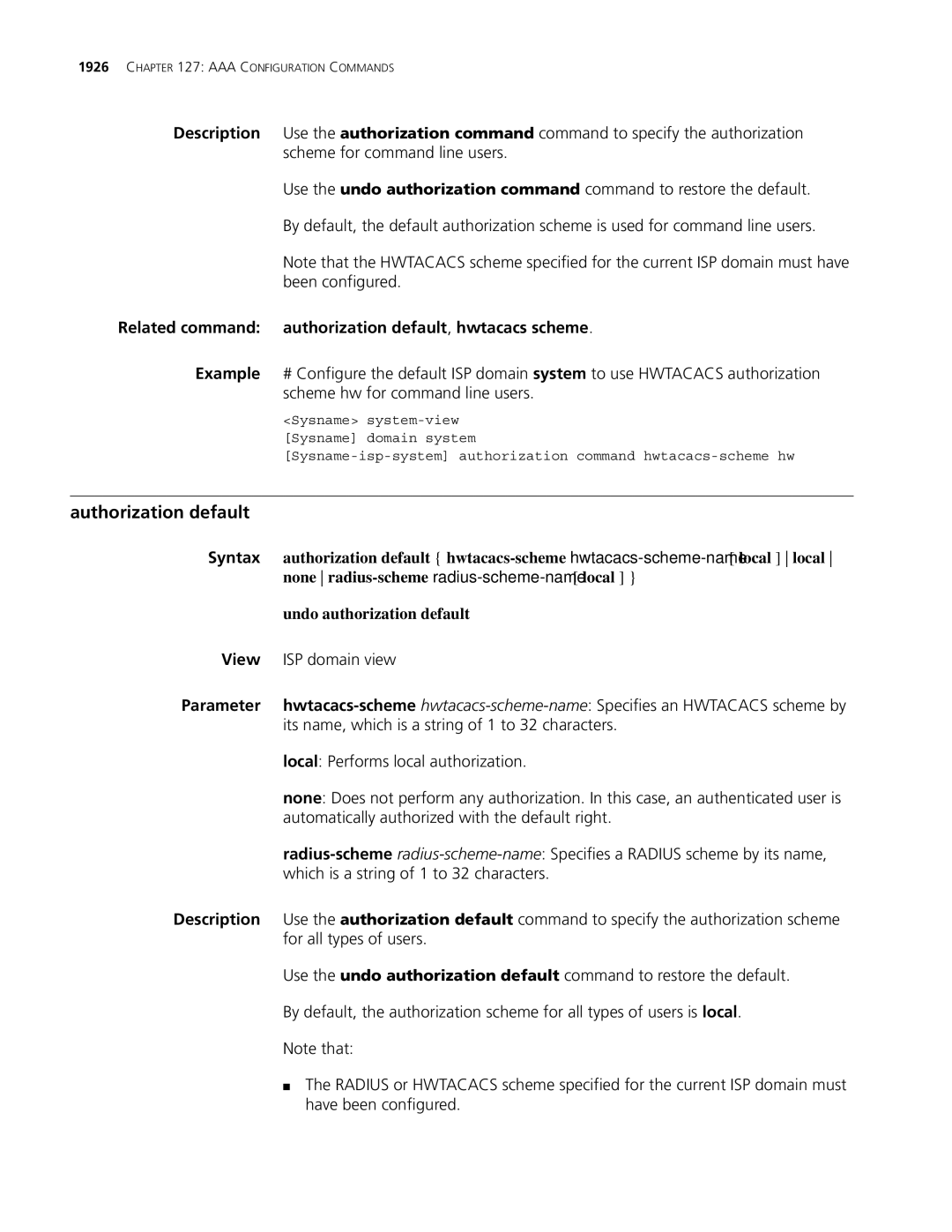 3Com MSR 30, MSR 50 manual Authorization default, Related command authorization default, hwtacacs scheme 