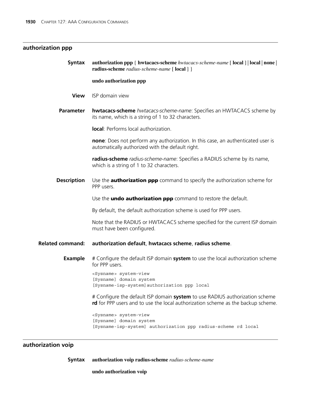 3Com MSR 30, MSR 50 manual Authorization ppp, Authorization voip, Undo authorization ppp 