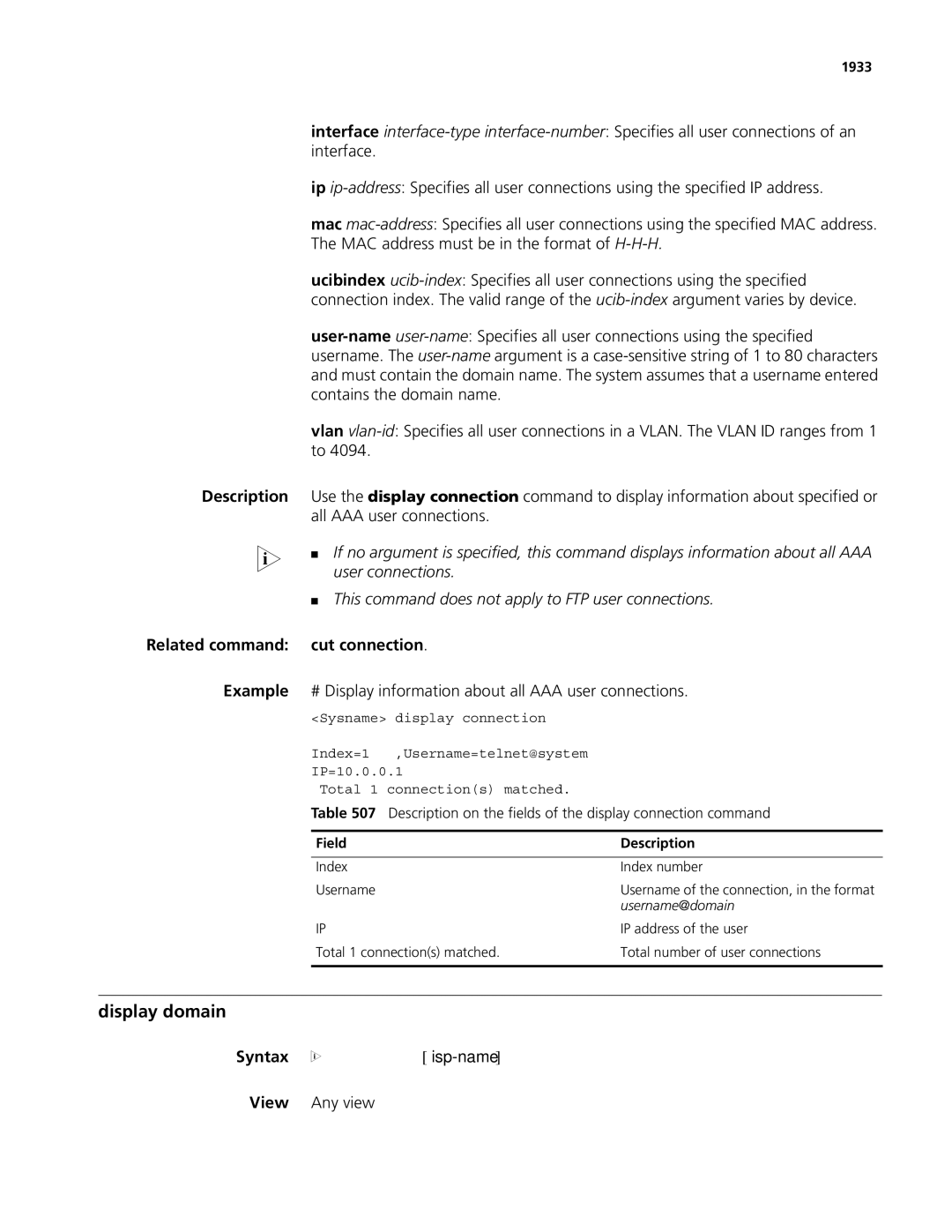 3Com MSR 50 Display domain, Related command cut connection Example, # Display information about all AAA user connections 