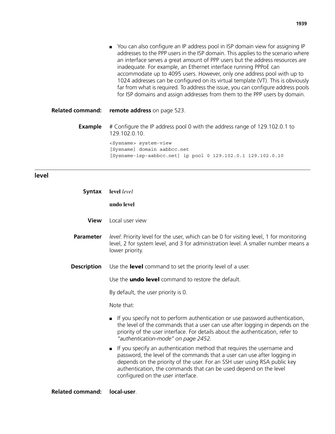 3Com MSR 50, MSR 30 manual Level, Related command remote address on, Syntax level level, Undo level, 1939 