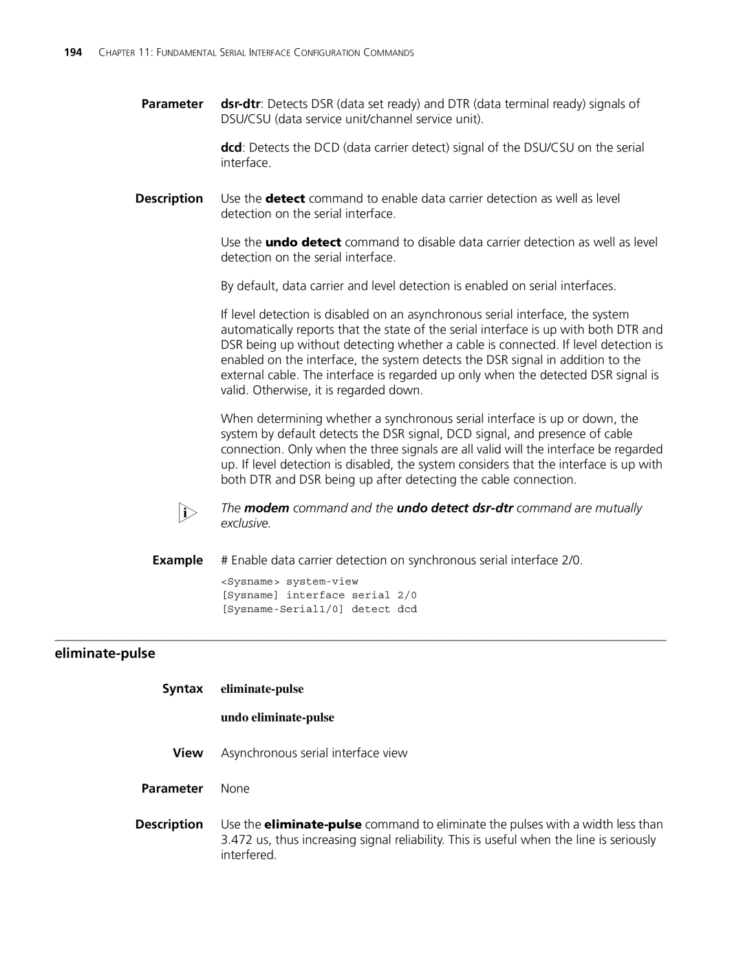 3Com MSR 30, MSR 50 Eliminate-pulse, Syntax eliminate-pulse Undo eliminate-pulse, View Asynchronous serial interface view 