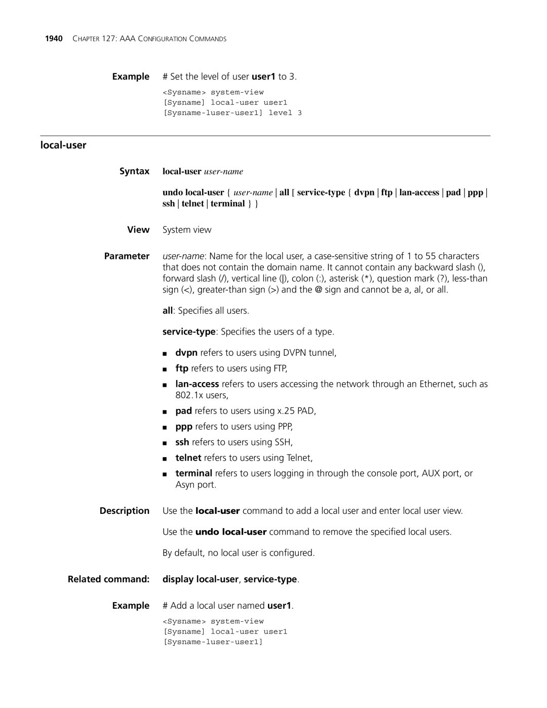 3Com MSR 30, MSR 50 Local-user, Example # Set the level of user user1 to, Related command display local-user,service-type 