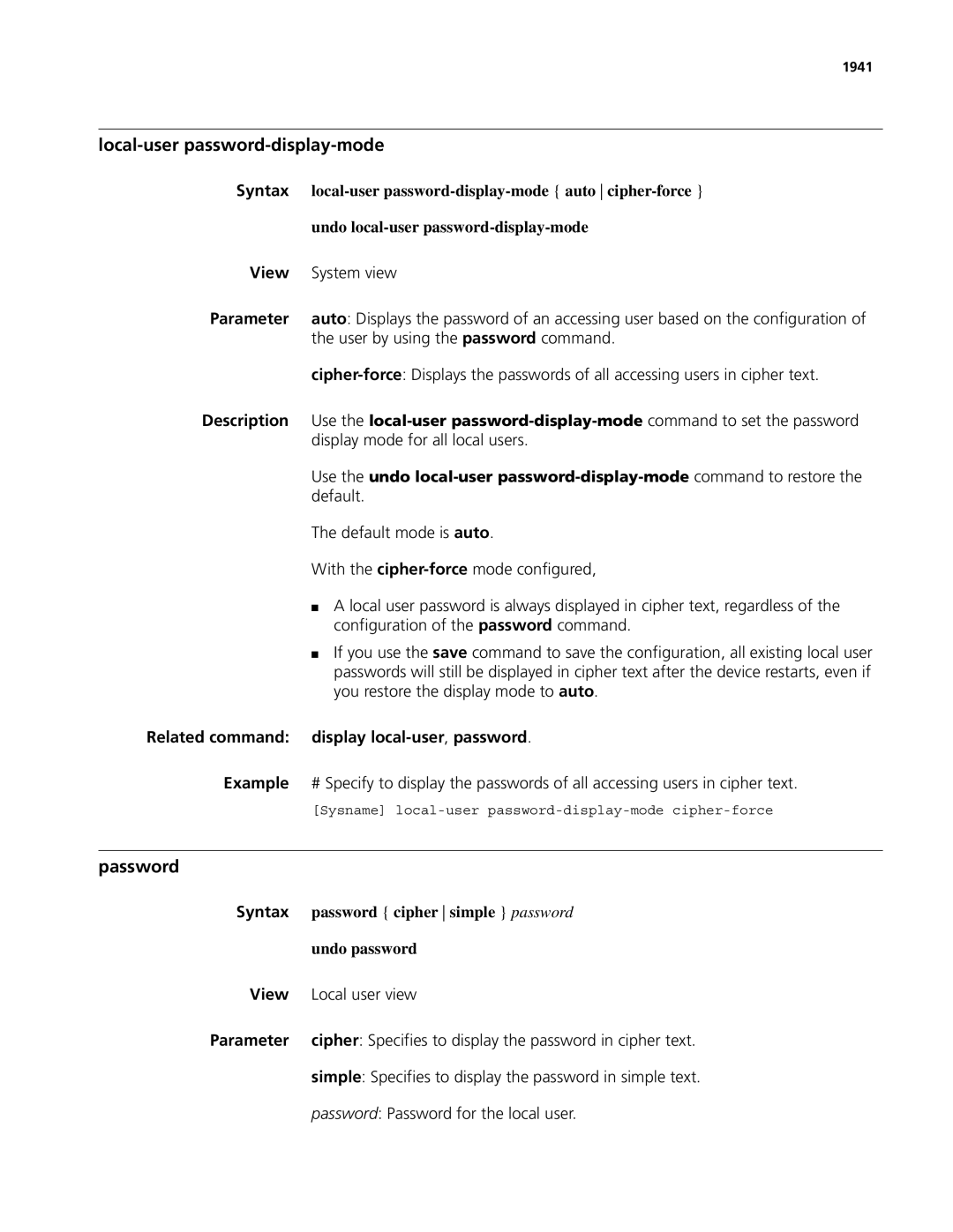 3Com MSR 50, MSR 30 manual Local-user password-display-mode, Password, Related command display local-user , password 