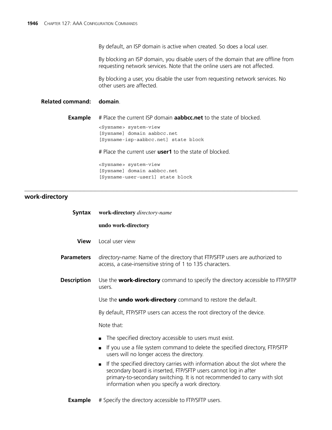 3Com MSR 30, MSR 50 manual Work-directory, Related command domain, # Place the current user user1 to the state of blocked 