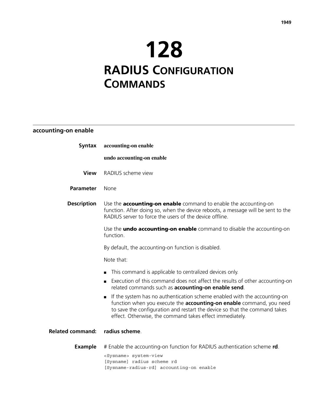 3Com MSR 50, MSR 30 manual 128, Radius Configuration Commands, Accounting-on enable, Radius scheme 