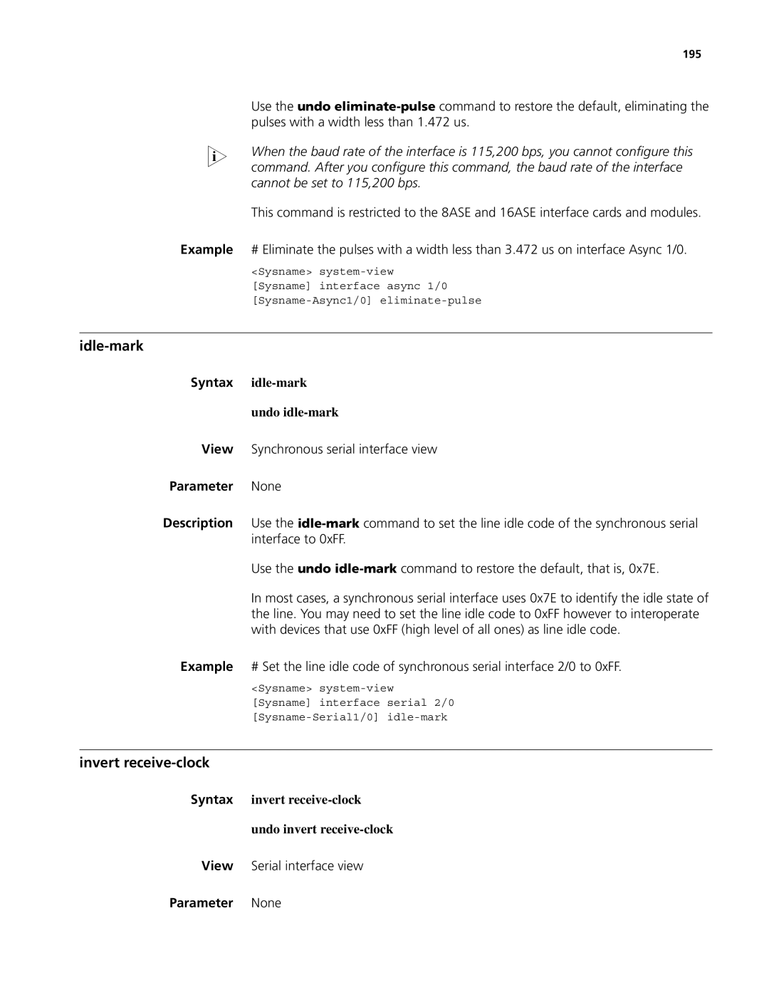 3Com MSR 50, MSR 30 manual Idle-mark, Invert receive-clock, Syntax idle-mark Undo idle-mark, View Serial interface view 