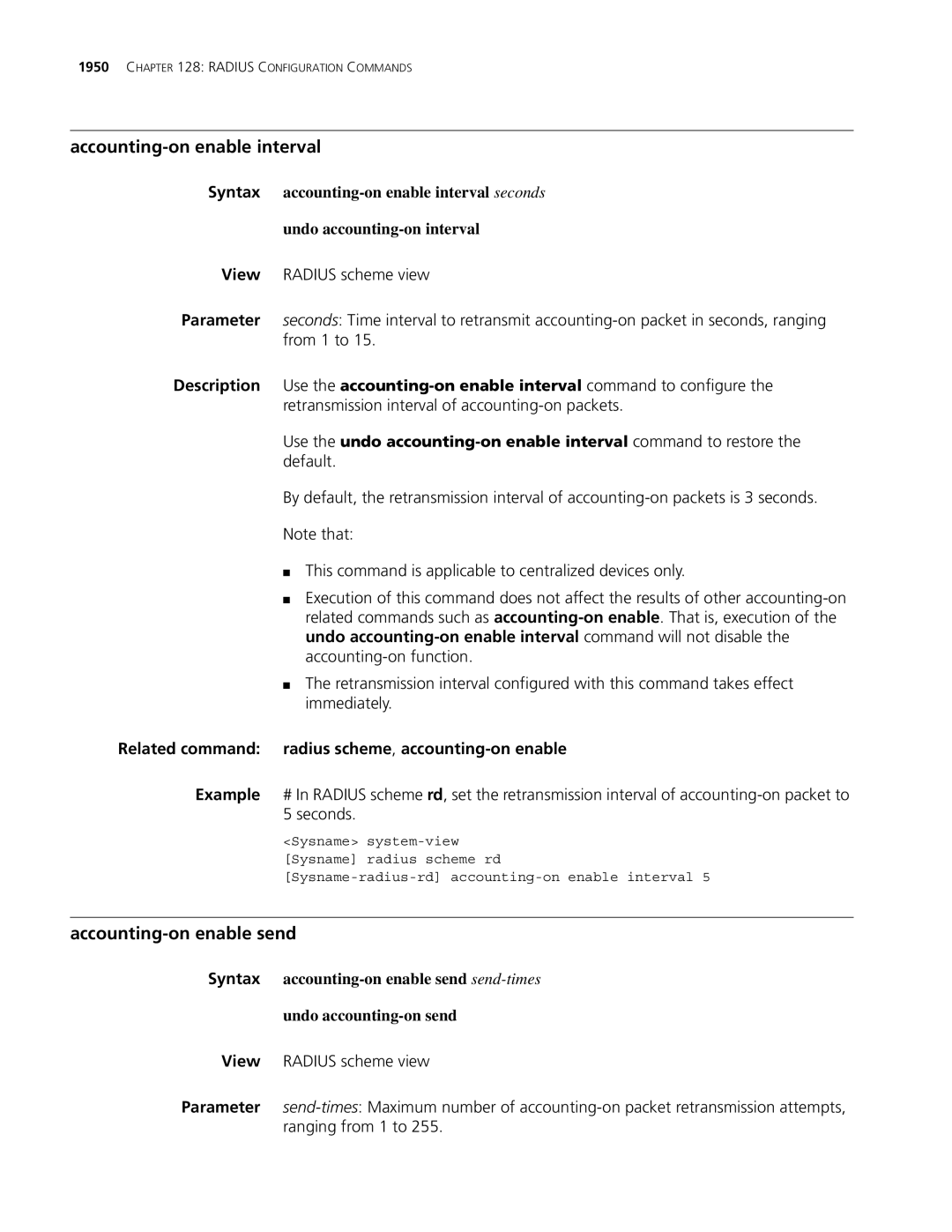 3Com MSR 30 Accounting-on enable interval, Accounting-on enable send, Related command radius scheme, accounting-on enable 