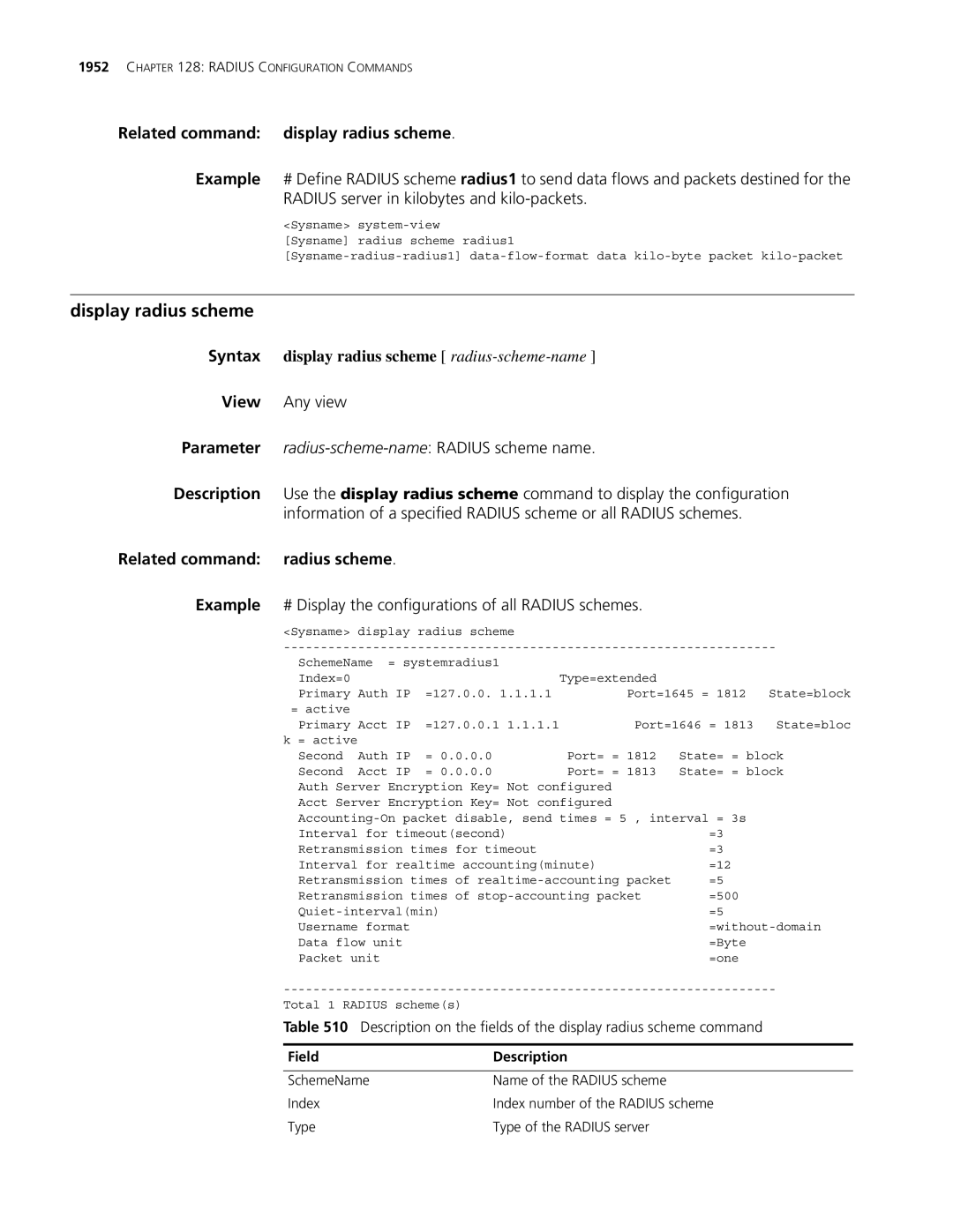 3Com MSR 30 Display radius scheme, Related command display radius scheme, Syntax display radius scheme radius-scheme-name 