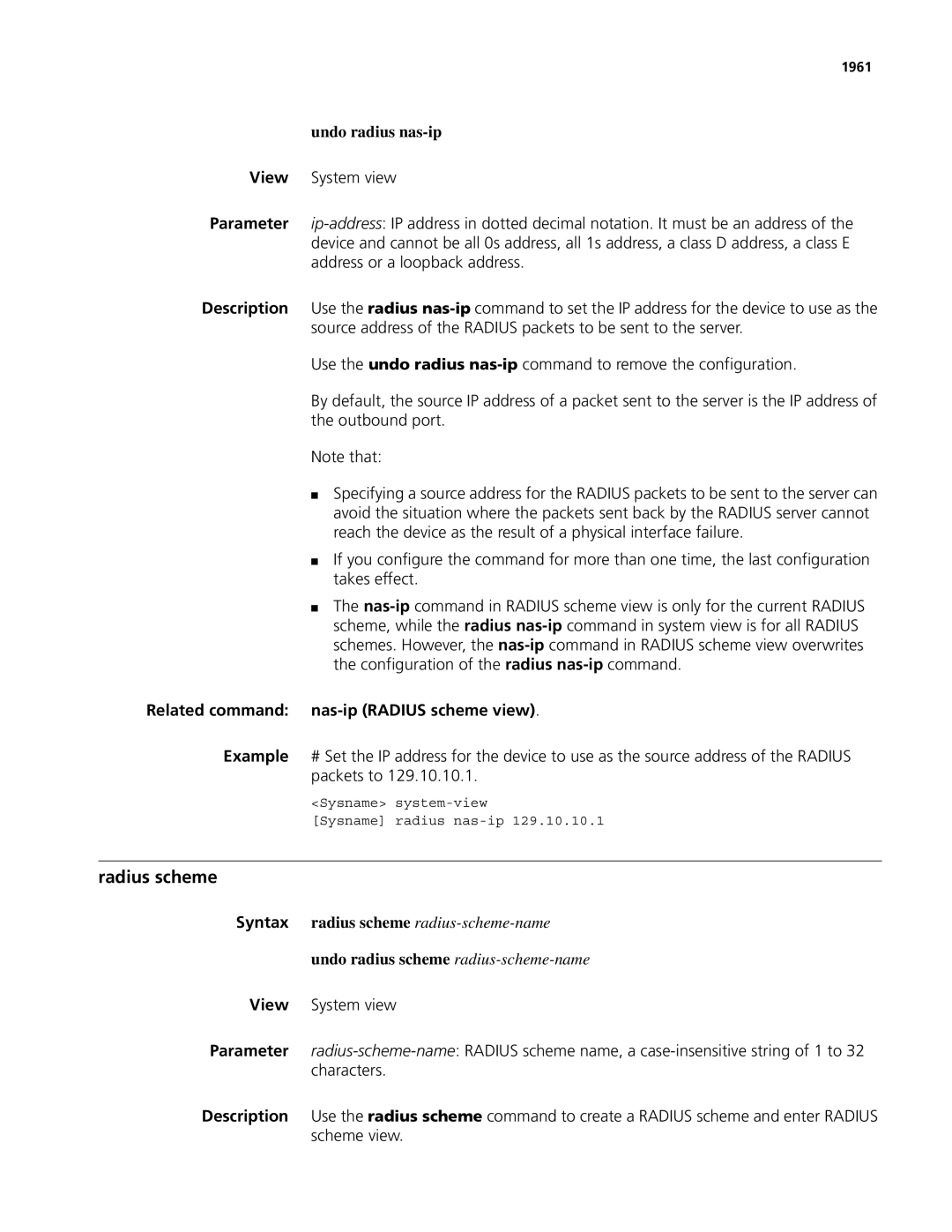 3Com MSR 50 Undo radius nas-ip, Related command nas-ip Radius scheme view, Undo radius scheme radius-scheme-name, 1961 