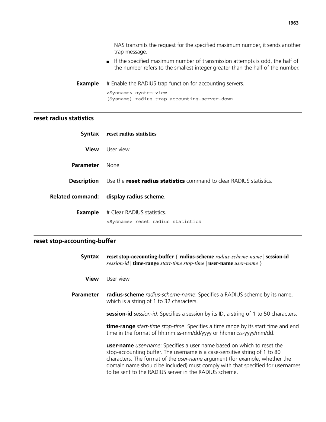 3Com MSR 50, MSR 30 manual Reset radius statistics, Reset stop-accounting-buffer, Syntax reset radius statistics 