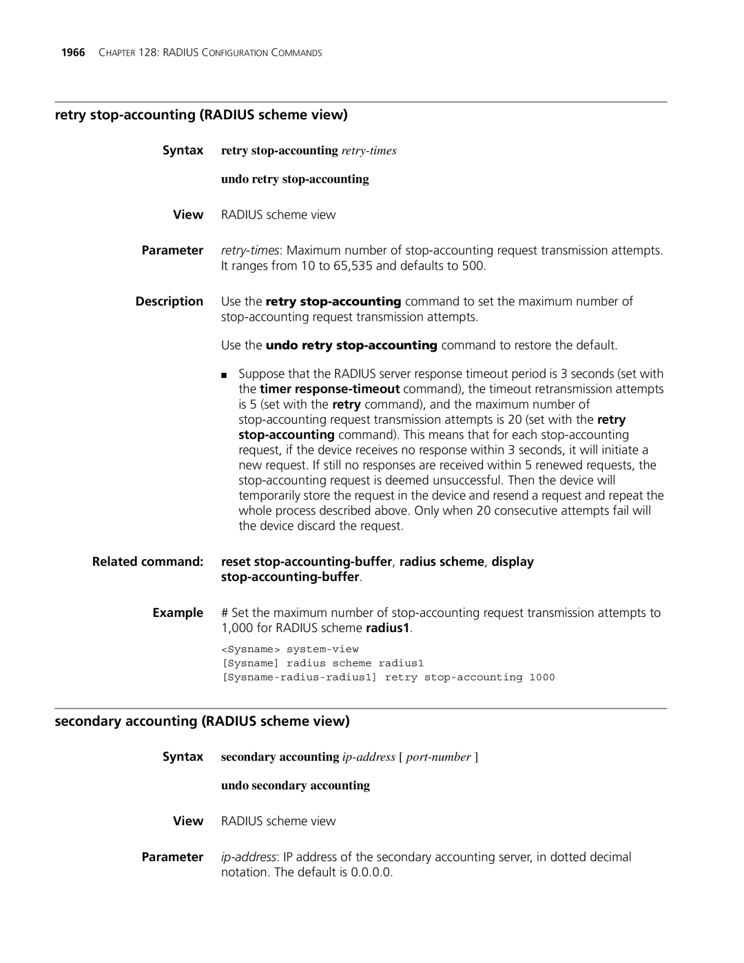 3Com MSR 30 Retry stop-accounting Radius scheme view, Secondary accounting Radius scheme view, Undo secondary accounting 