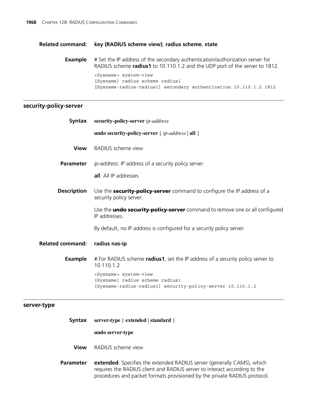 3Com MSR 30, MSR 50 manual Security-policy-server, Server-type, Syntax server-type extended standard Undo server-type 