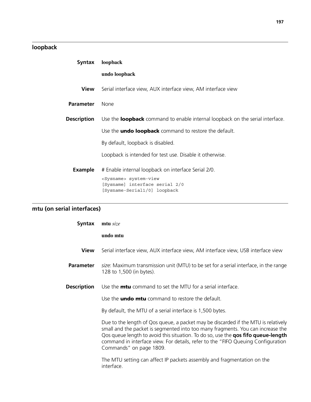3Com MSR 50, MSR 30 manual Mtu on serial interfaces, Syntax loopback Undo loopback, 197 
