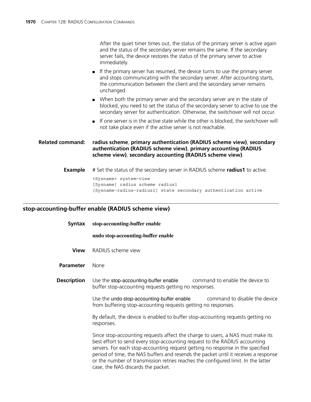 3Com MSR 30, MSR 50 manual Stop-accounting-buffer enable Radius scheme view, Parameter None 