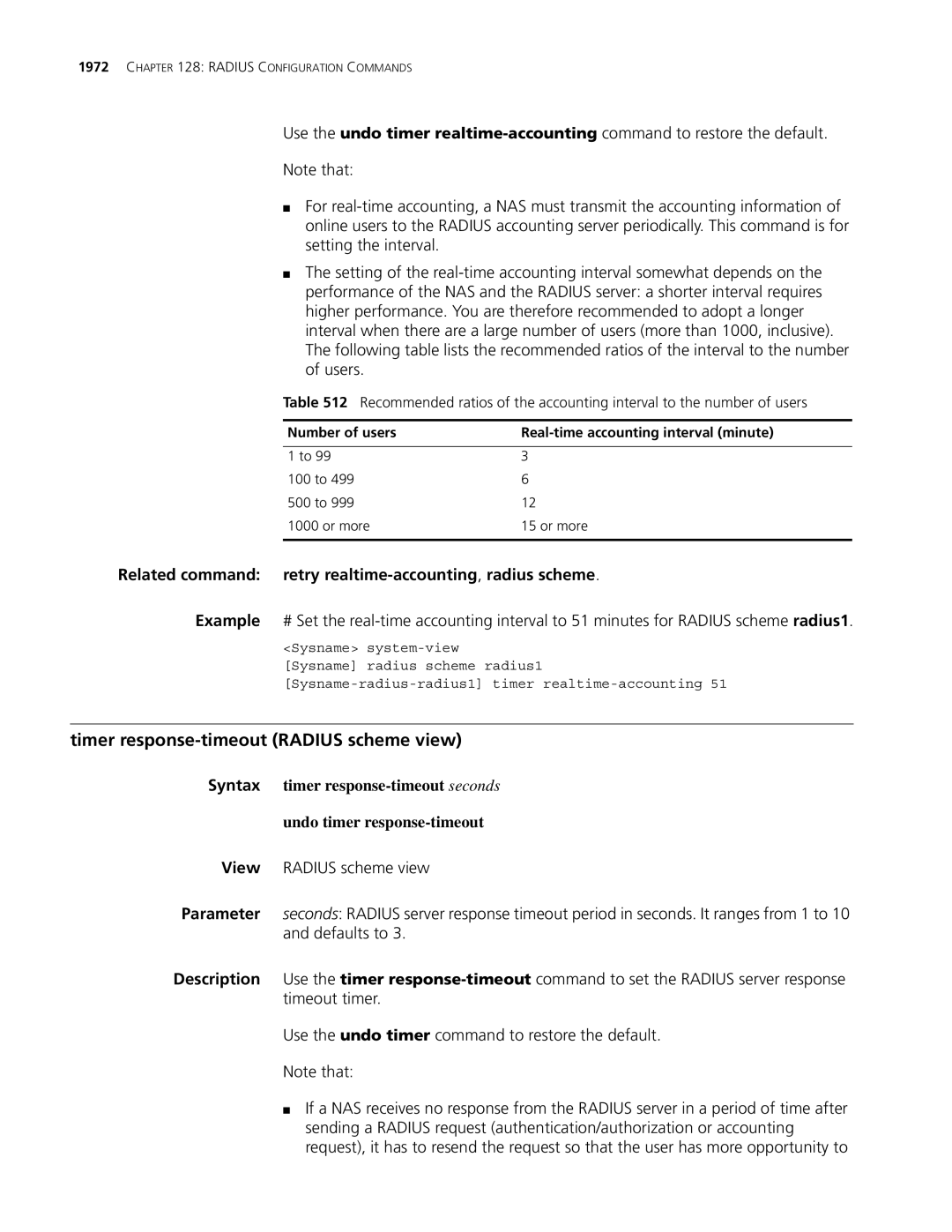 3Com MSR 30, MSR 50 Timer response-timeout Radius scheme view, Related command retry realtime-accounting,radius scheme 