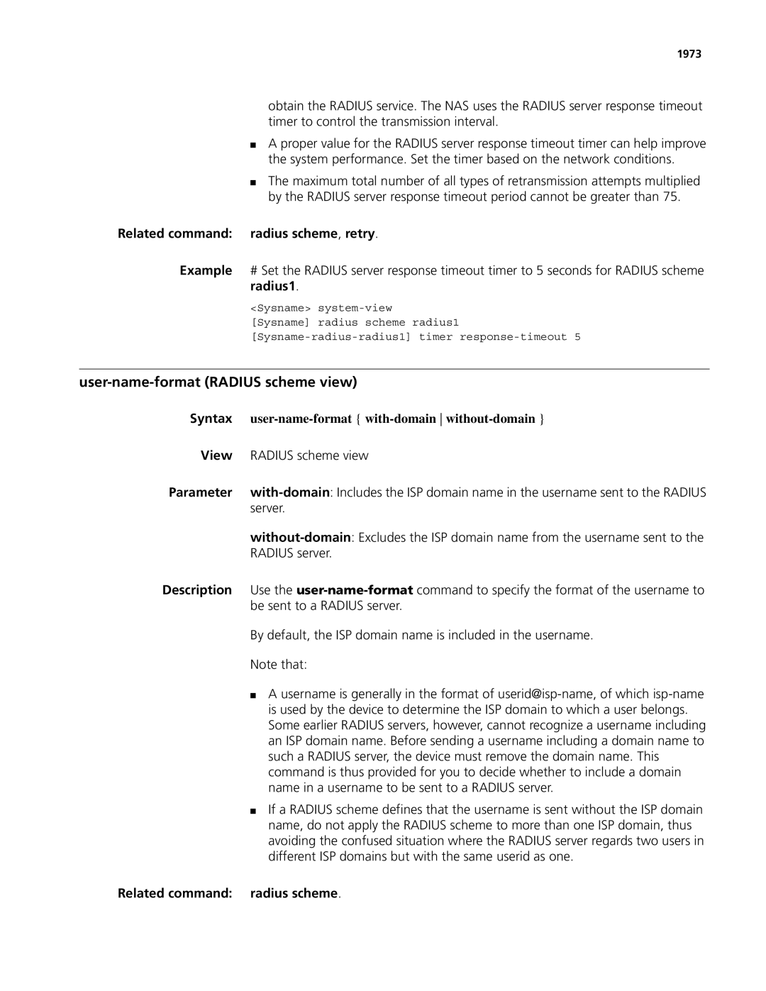 3Com MSR 50, MSR 30 manual User-name-format Radius scheme view, Related command radius scheme, retry 